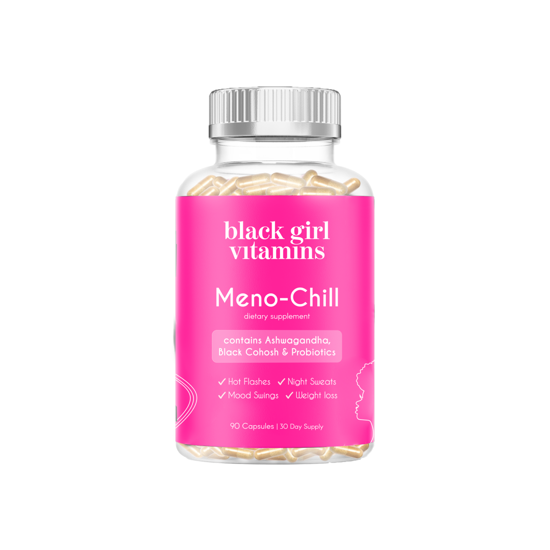 Black Girl Vitamins Meno-Chill dietary supplement with Ashwagandha, Black Cohosh & Probiotics for hot flashes, night sweats, mood swings, weight loss