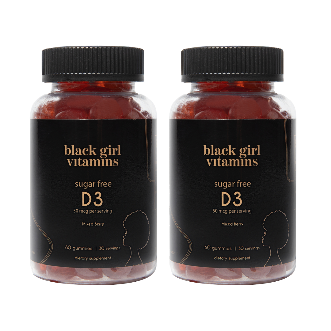 Two bottles of Black Girl Vitamins sugar free D3 gummies, mixed berry flavor, 60 gummies, 30 servings, dietary supplement
