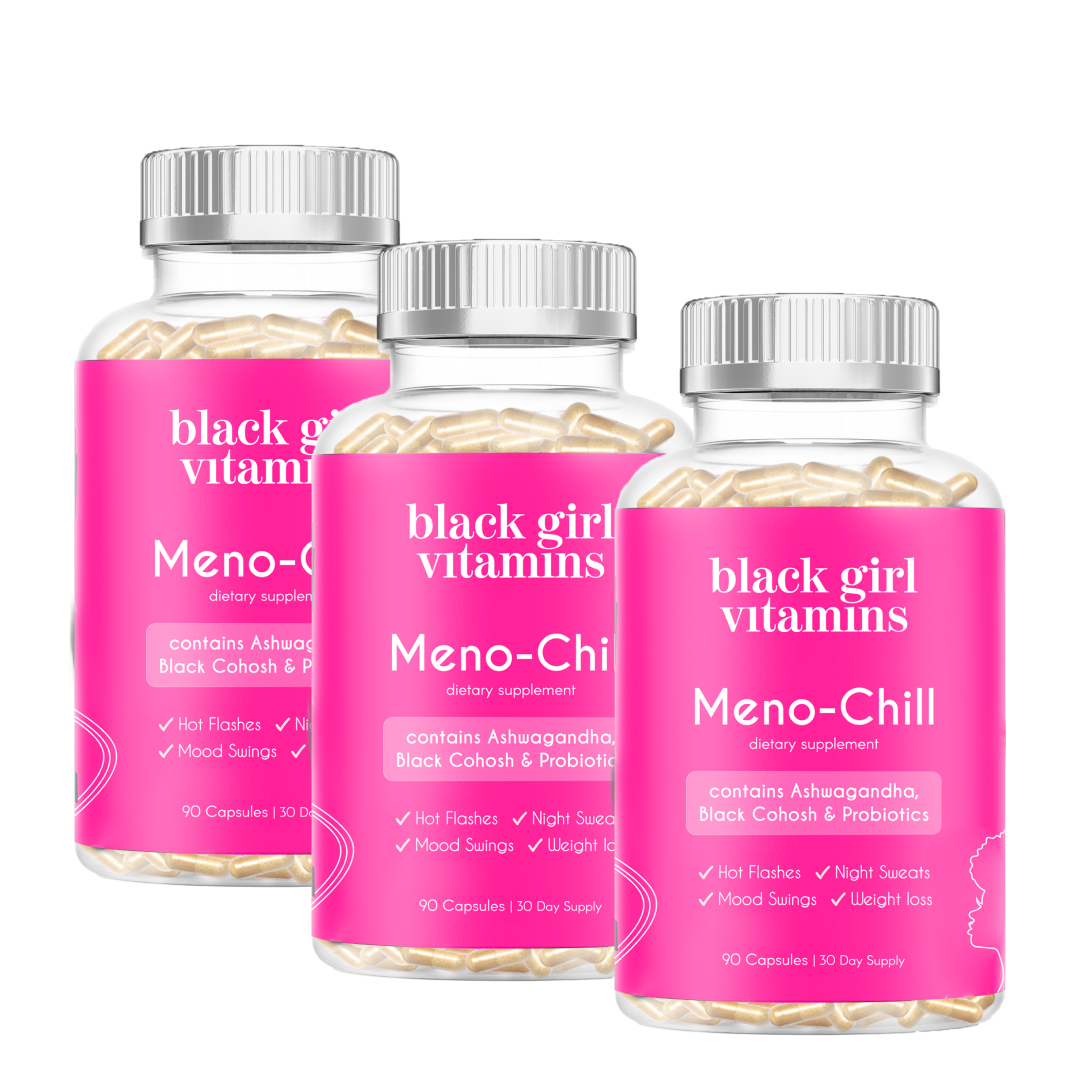 Three bottles of Black Girl Vitamins Meno-Chill dietary supplement with Ashwagandha, Black Cohosh, Probiotics, for hot flashes, night sweats, mood swings, weight loss